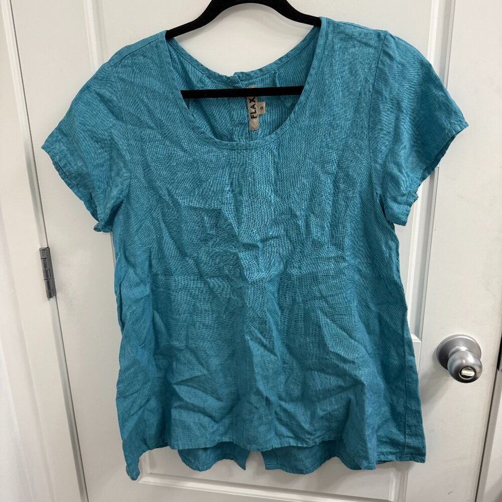 Flax 100% Linen Oversized Short Sleeve Blouse Button Back Blue‎ Small